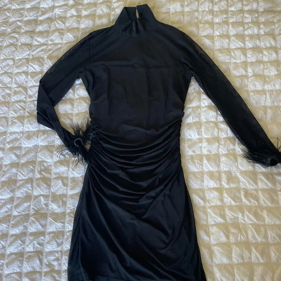 Revolve Amanda Uprichard vixen feather cuff sleeve mesh mini dress - Picture 5 of 13